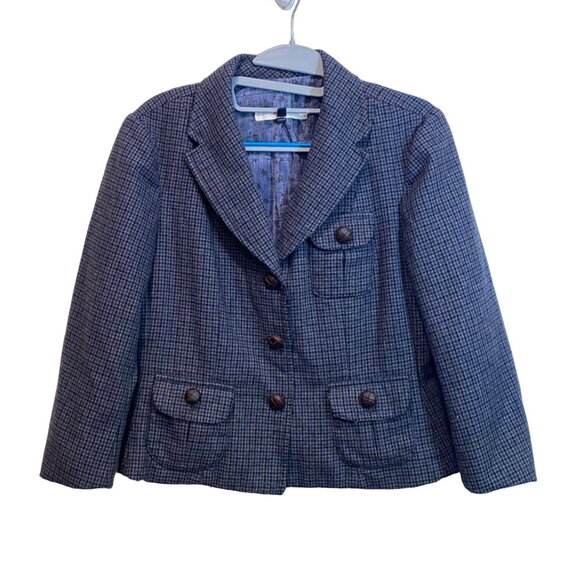 VTG Hounds tooth Purple Wool Leather Buttons Crop 3/4 Sleeve Blazer XS/S - Picture 1 of 10